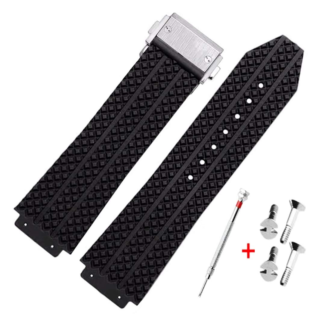 KAMIU 25mm Rubber Watch Strap for Hublot Big Bang with Replacement Tool (Black - Silver Buckle)