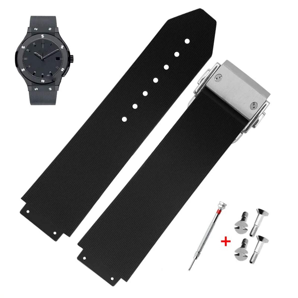 25mm Rubber Watch Strap with Band Tool for Hublot Big Bang (Black Stripe - Silver Buckle)