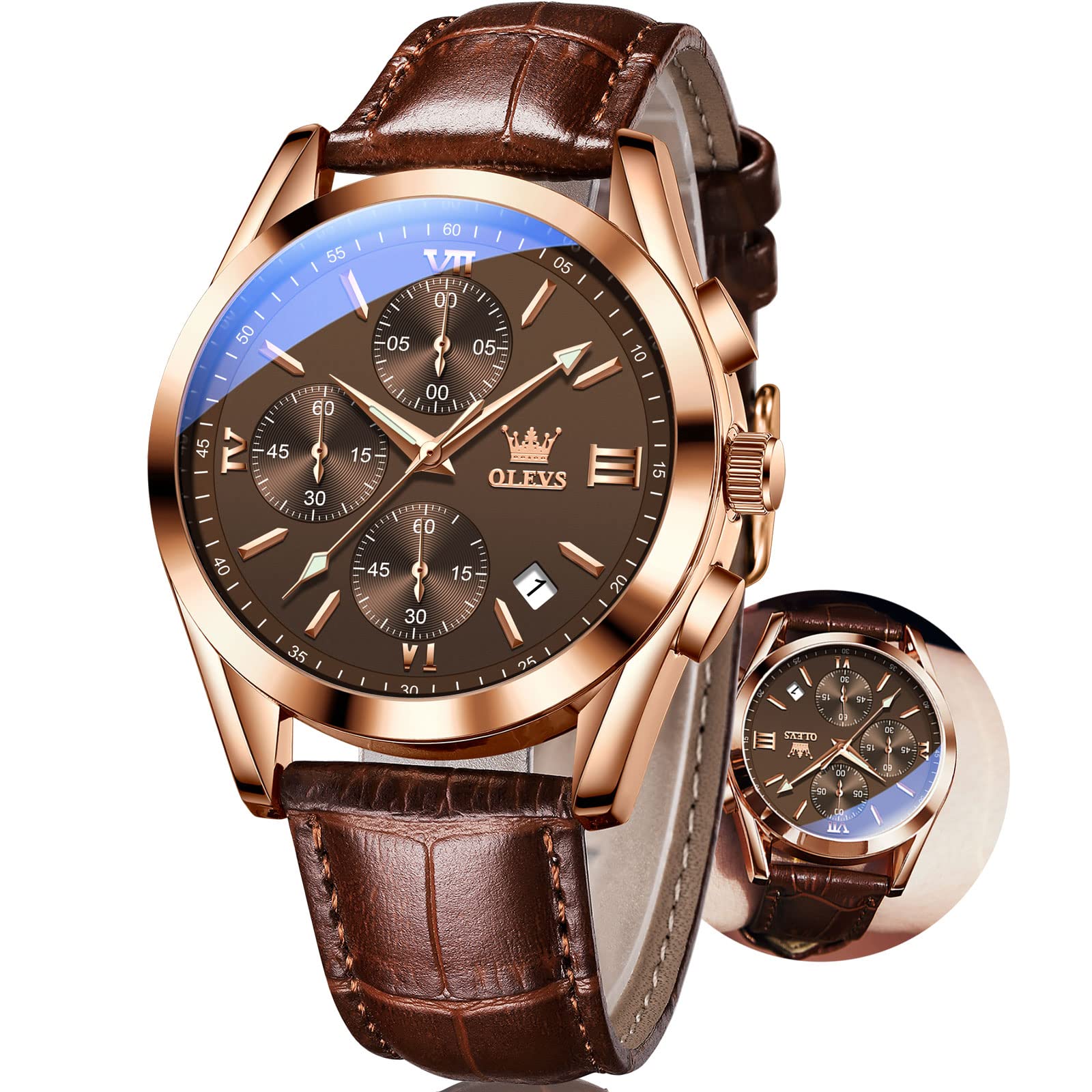 Brown Leather Men's Watch with Date and Chronograph
